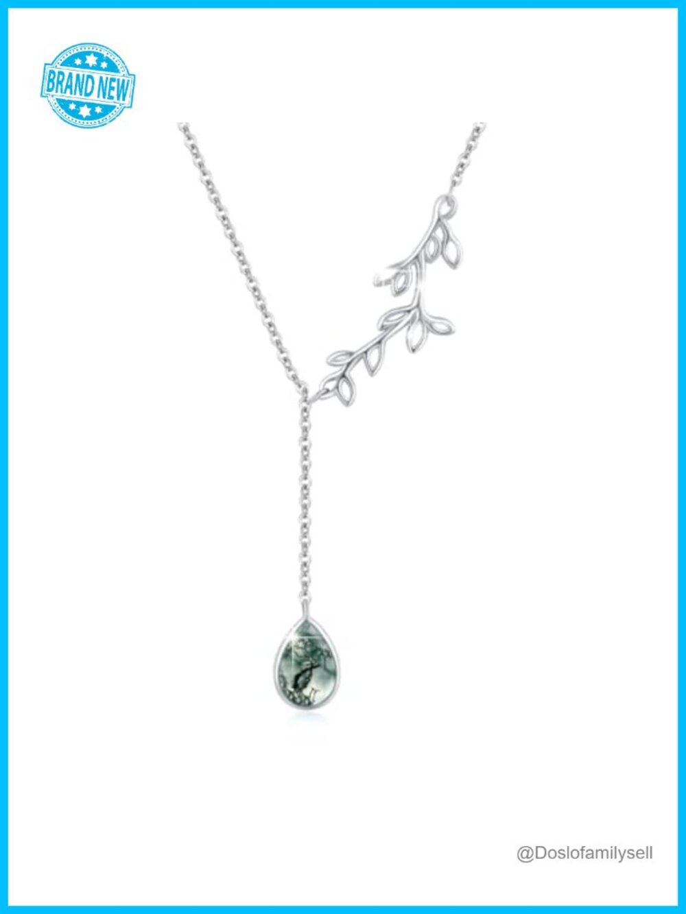 925 Sterling Silver Leaf Pendant Necklace Y Chain Moss Agate Jewelry